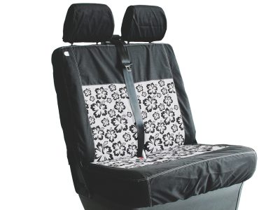 VW T5/T6 Front Bench/Double Seat Cover - Black, Grey Panel with Hibiscus