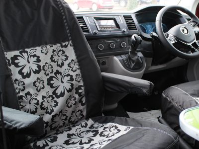 VW T5/T6 Front Single/Captain Seat Cover - Black, Grey Panel with Hibiscus