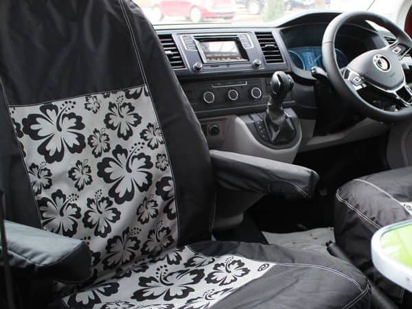 VW T5/T6 Front Single/Captain Seat Cover - Black, Grey Panel with Hibiscus